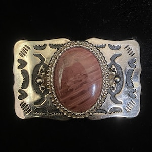 Vintage 1980 Silber Gürtelschnalle mit ovalen roten Stein