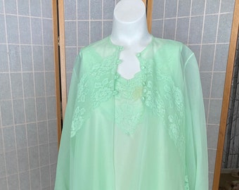 Vintage 1950’s 1960’s sheer green nylon nightie nightgown and matching robe bed jacket, peignoir set