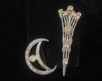 Vintage 1930’s set of silver and rhinestone brooches, Art Deco pin and moon pin