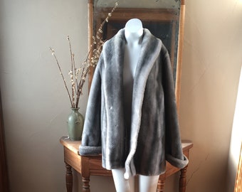 Vintage 1970's Gray and White Faux Fur Jacket Coat, Size Medium