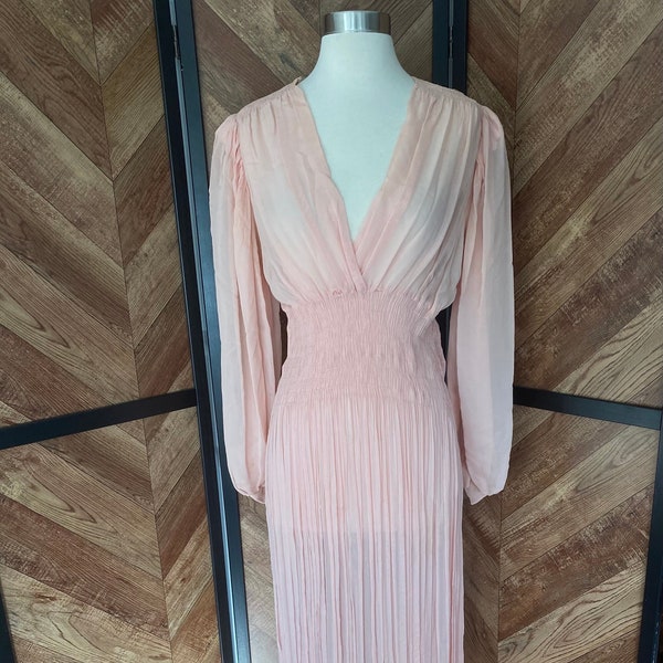 Vintage 1930’s 1940’s light pink sheer dress with wide elastic waist, size medium