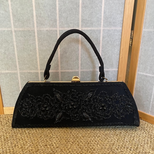 Vintage 1950’s black beaded, structured wide Caron handbag purse