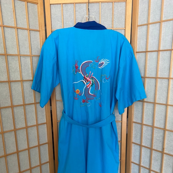 Vintage 1960’s blue cotton poly kimono, chinese robe