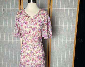 Vintage 1940’s purple and pink sheer floral Nelly Don volup dress, size XL