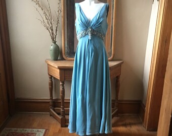 Vintage 1960's Light Blue Formal Gown, Dress with Lovely Silver Beaded Waist, size medium