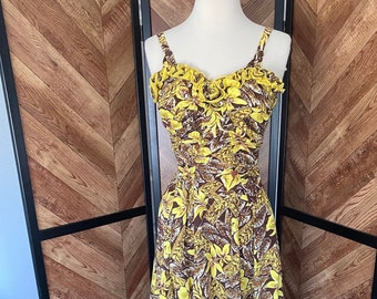 Vintage 1950’s brown and yellow tropical summer vacation dress by Deweese Design, size medium