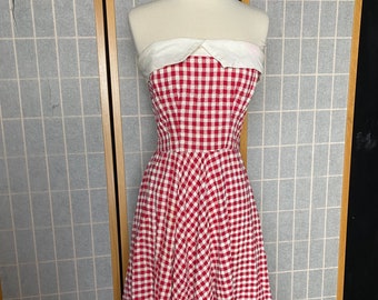 Vintage 1940’s red and white gingham strapless dress, size xs