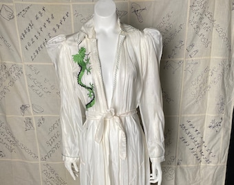 Vintage 1940’s semi sheer white dressing gown, robe with embroidered green dragon, size small