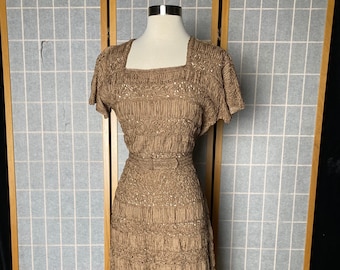 Vintage 1960’s brown ribbon dress with square neckline, size medium