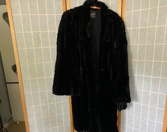 Vintage 1930's Black Rabbit Fur, Dyed Coney Fur Coat with Bishop Sleeve, Size Large