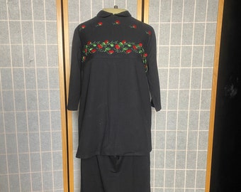 Vintage 1960's black two piece maternity set with embroidered strawberries across the chest and shoulders.