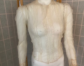Vintage antiguo de malla transparente blanco blusa de manga larga, 1890's 1900, tamaño xs