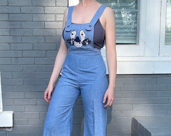 Vintage 1970er Chambray Overalls mit Patchwork, Größe xs