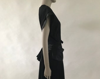 Vintage 1940's Black Crepe Dress with Satin Waist Belt and Matching Belt, Size medium