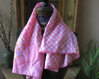 Vintage Pink Square Scarf with Polka Dots and Flowers