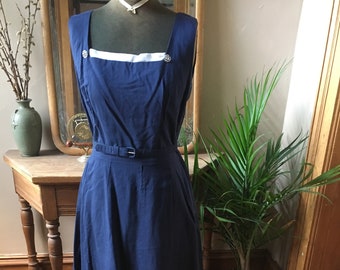 Vintage 1950's Navy and white Dress with rhinestones and belt,  size mediu