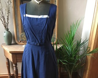 Vintage 1950's Navy and white Dress with rhinestones and belt,  size mediu