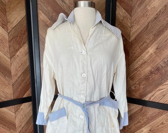 Vintage 1930’s white and periwinkle cotton work shirt, size medium