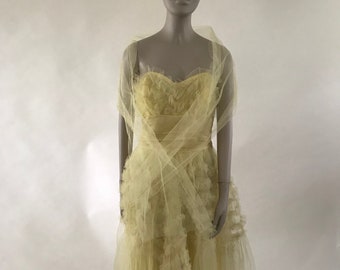 Vintage 1950's Yellow Tulle Layered, Tiered Party Dress, Size Small XS