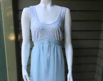 Vintage 1960's Pale Blue Nightie with lace and rhinestones, size medium