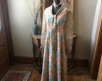 Vintage 1970s Colorful Dress with Sheer Sleeves, Size small medium