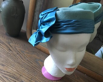 Vintage Blue Wool Hat with Gorgeous Blue Satin Bow