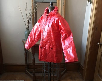 Vintage 1980s PVC Red Insulated Fleece Lined Raincoat, Rain Jacket, Size Large, L