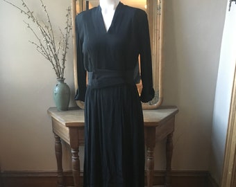 Vintage 1940's Black Crepe Dress with Belt, size small