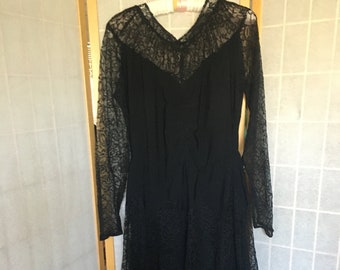 Vintage 1930's Black Lace Long Sleeve Sheer Dress, size medium