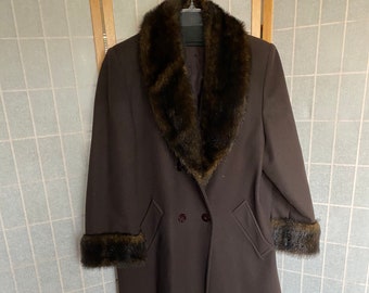 Vintage 1970's Brown Double Breasted Long Winter Coat with faux fur, women's large