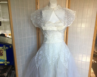 Vintage 1950's White tea length Tulle, Lace, and Satin Wedding Dress with bolero jacket, size XS
