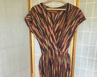 Vintage 1950's Rainbow Colorful Stripe Day Dress, Size Medium
