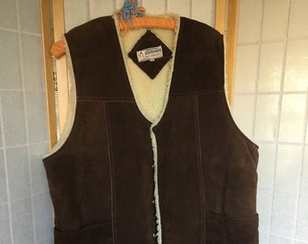 Vintage 1980's Brown Suede and Fleece Warm Fuzzy Vest, Size large, motorcycle vest by Zamher
