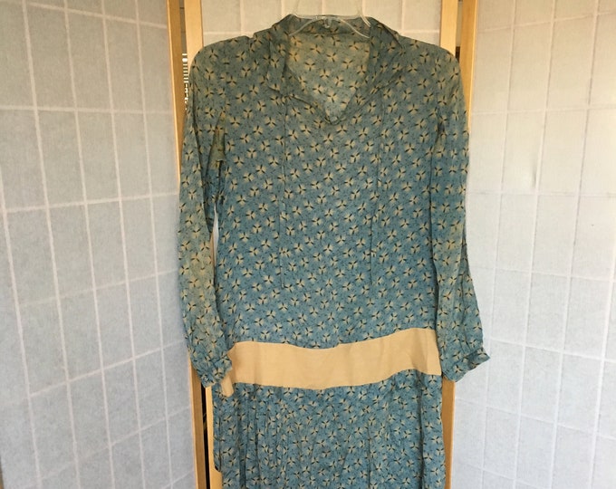 Vintage 1930/'s Blue and Yellow Silk Drop Waist Dress