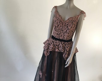 Vintage 1940's Pink and Black Lace Tulle Flower Ball Gown, Size medium