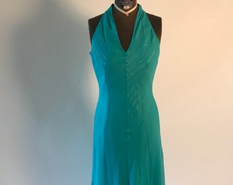 Vintage 1980s turquoise halter style dress with metallic thread