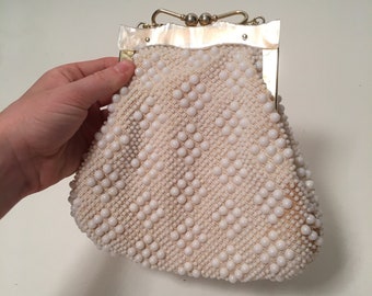 Vintage 1960 1970 White Beaded and Gold Evening Bag