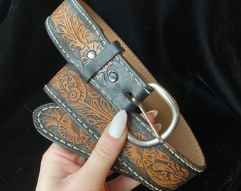 Vintage 1980's Brown Tooled Leather Belt, size 42