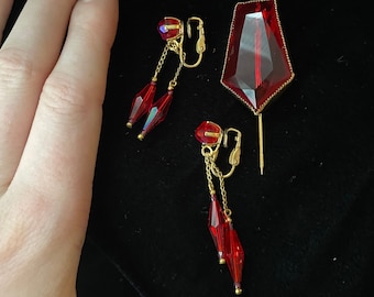 Vintage 1960's Red Crystal Drop Dangle Clip on Earrings and Large Red and Gold Matching Hat Pin