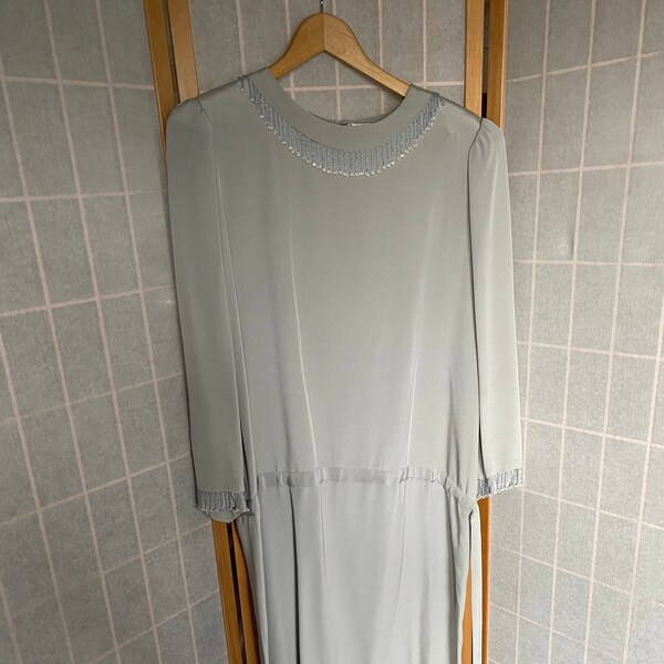 Vintage 1980's Does 1920's Pale Blue Gray Drop Waist Beaded Dress, Size medium large