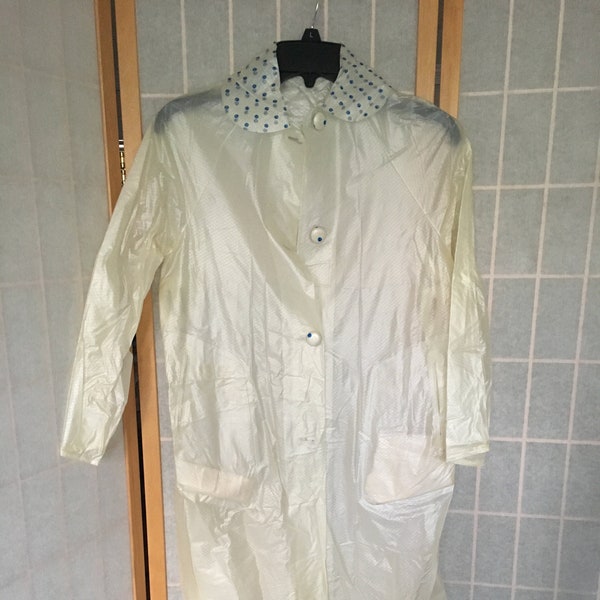 Vintage 1960's Clear White Child's Raincoat with Blue Polka Dot Collar