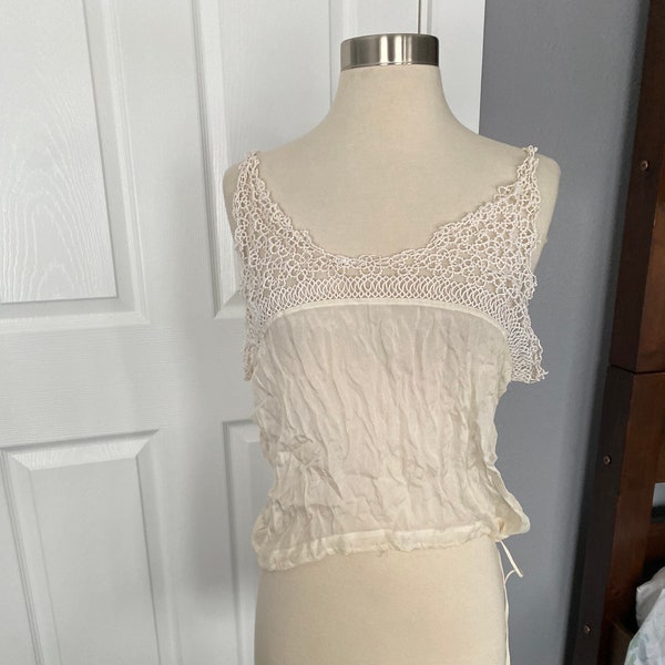 Antique 1900s white sheer chemise blouse with crochet, size medium