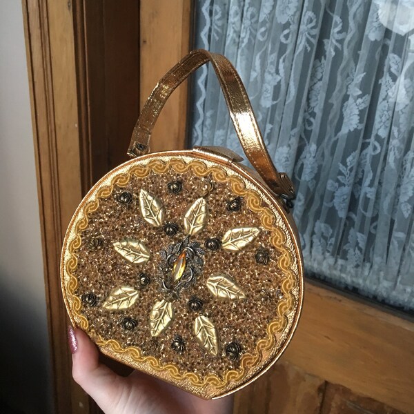 Vintage Copper Gold Beaded Structured Round Hand Bag Purse, Caron of Houston Texas