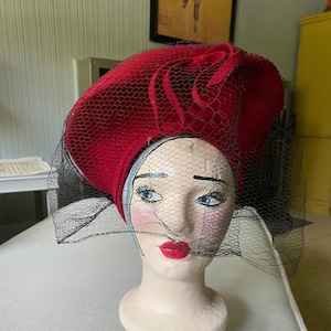 Vintage Antique Red Tall Full Hat With Veil, Halo hat image 1