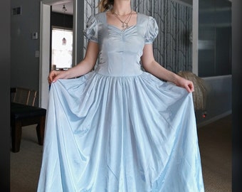 Vintage 1940's Baby Blue Satin Princess Ball Gown Dress, Size Small