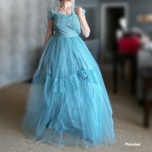 Vintage 1950'S Sky Blue Princess Tulle Lace Prom Party Dress With Matching Headband, Size SMall