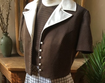 Vintage 1970's Brown and White Polyester Polka Dot Dress with Matching Jacket, size medium