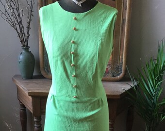 Vintage 1960's Lime Green Sleeveless Dress with buttons, size large