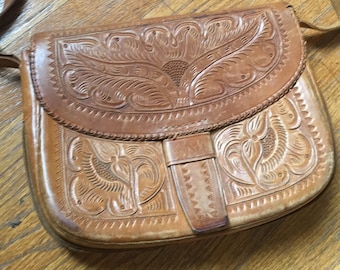 Vintage Brown Tooled Leather Handbag Purse