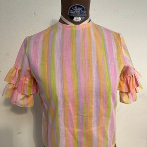 Vintage 1960s pink pastel striped blouse with double ruffle on sleeve